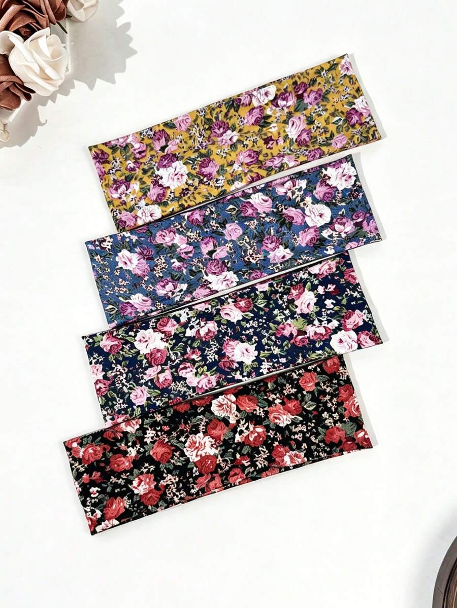 4件/3件女款法式復古花卉寬版高彈力針織髮箍,田園風植物花卉印花全包覆髮帶,春夏慵懶休閒日常通勤百搭髮飾 - 彩色 - 查看 1