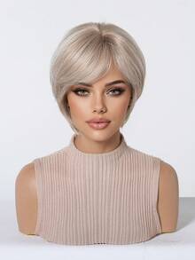 FIVE STARS 8 Inch Straight Bob Wig, Heat-Resistant Synthetic Fiber Layered Pixie Short Hair, Light Gray Gold Silver Highlighted Wig With Side Bangs, Natural Daily Women's Wig, Suitable For Party And Cosplay - Multicolor - View 7