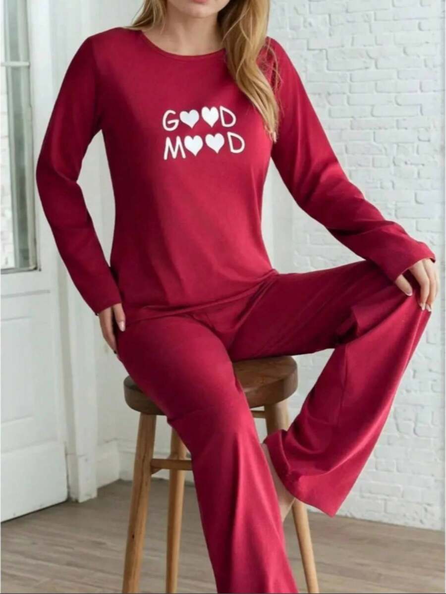 Women's Printed Pajama Set Fabric Soft Breathable Comfortable Sleepwear and Loungewear Set - 紅色 - 查看 1