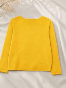 Women's Soft Green Round Neck Sweater, Vintage Fresh, Casual For Spring, Solid Color Lightweight Polyester Ribbed Long Sleeve Sweater For Spring/Autumn - Yellow - View 8
