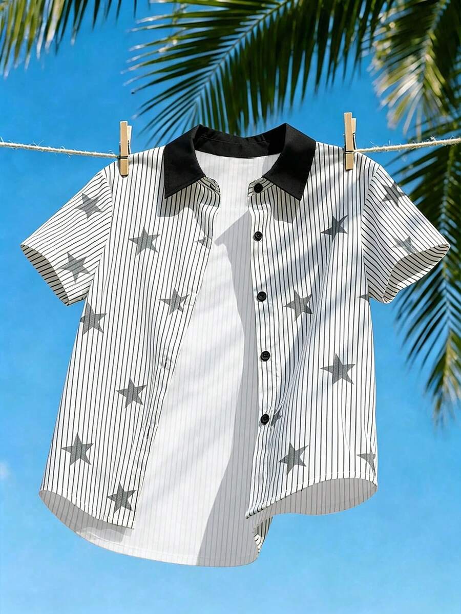 Tween Boy Fashionable Minimalist Striped Five-Point Star Short Sleeve Shirt, Suitable For School, Vacation And Shopping Outings, Casual Versatile Spring Style - Multicolor - View 1