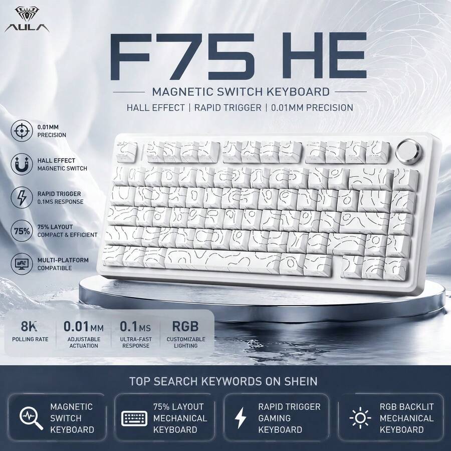 AULA Teclado F75HE 75% con múltiples conexiones, interruptores mecánicos de efecto Hall con respuesta rápida y anti-ghosting completo, diseño de teclas silenciosas con teclas PBT, tamaño compacto adecuado para usuarios de juegos y oficina
