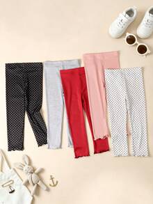 5pcs/Pack Legging Anak Perempuan Motif Garis Vertikal dengan Hiasan Rumbai, Lembut & Nyaman, Serbaguna untuk Pemakaian Sehari-hari - MultiWarna - View 9