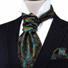Black Base Teal Orange Multi Swirl Paisley Ascot Cravat Three Piece Kit, Gentleman Party Coordinated Neck Scarf Bundle Including Hanky - Green - View 5