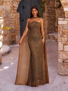VIPGIRL Elegante vestido de noche de lentejuelas marrones - Silueta entallada sin tirantes y capa superpuesta de gasa transparente | Ideal para eventos formales de alta gama y ocasiones especiales como bodas y fiestas de primavera - Mostaza Amarilla - Ver 5