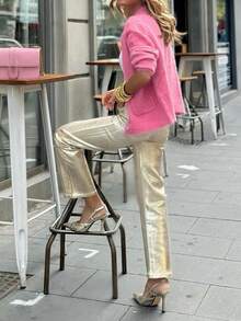 女士休闲纯色百搭宽松纽扣口袋圆领长袖羊毛开衫，秋冬款 - 玫紅色 - 查看 7