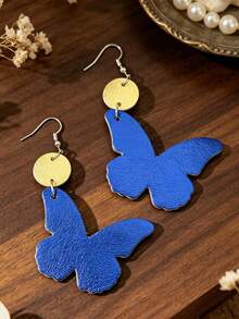 1 Pair Vacation Style Blue Glossy PU Leather Double-Sided Butterfly Patchwork Small Round Disc Dangle Earrings For Women - Dark Blue - View 2