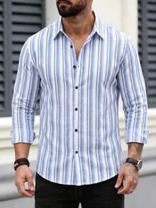 Men's Striped Versatile Single-Breasted Casual Long Sleeve Shirt, Suitable For Daily Wear And Holiday Gift - Blue and White - View 4