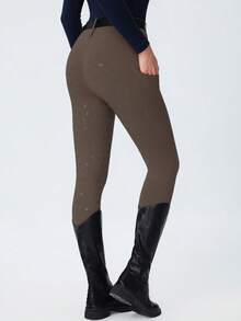 ROYALS MATTINI Women's Equestrian Cycling Pants With Convenient Pockets On Both Sides, Suitable For All Seasons, High Waist Butt-Lifting, All-Match Solid Color Minimalist Versatile, Positioning Print Durable Riding Pants, Professional Competition Training Outdoor Sports Pants - Coffee Brown - View 3
