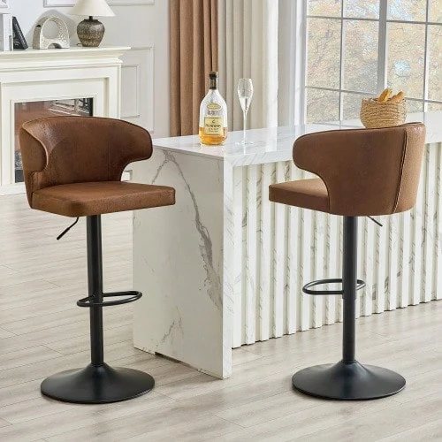 Set Of 2 Bar Stools With Backrest, Height Adjustable, 360° Swivel Bar Chair With Large Base & Footrest, Modern Kitchen Stools For Bar, Kitchen Counter (Stools Only) - Brown - View 1