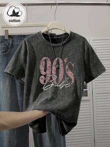 90s Retro Print Women's T-Shirt - Casual Short Sleeve Crew Neck Washed Top, Suitable For All Seasons Black Summer - Black - View 10