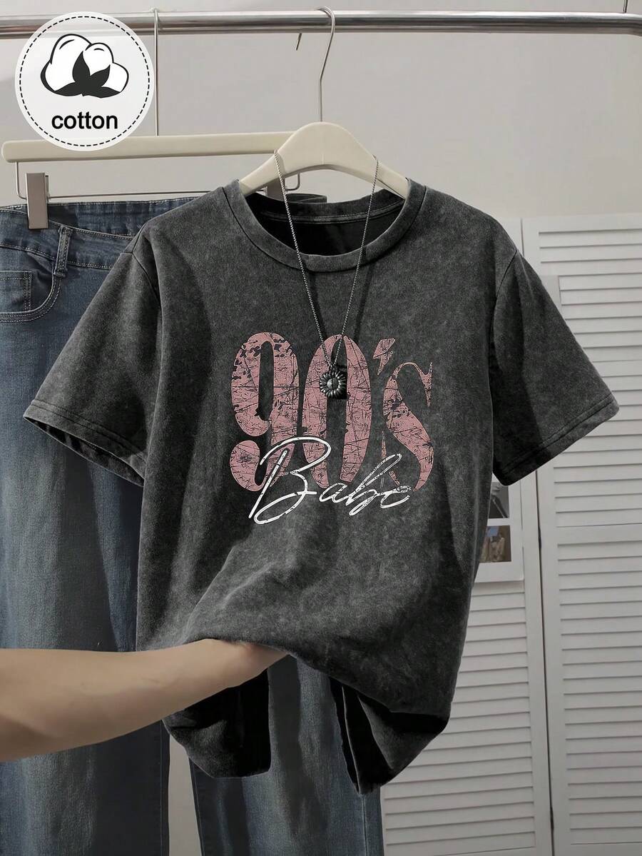 90s Retro Print Women's T-Shirt - Casual Short Sleeve Crew Neck Washed Top, Suitable For All Seasons Black Summer - Black - View 1