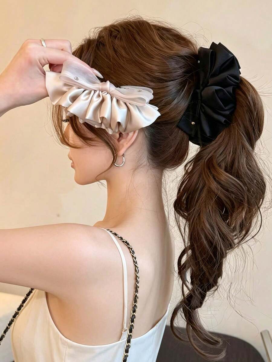 1 pieza Pinza de plátano con lazo de tul dulce francés y strass, accesorio versátil para peinado recogido etéreo para citas/vacaciones - Multicolor - Ver 1