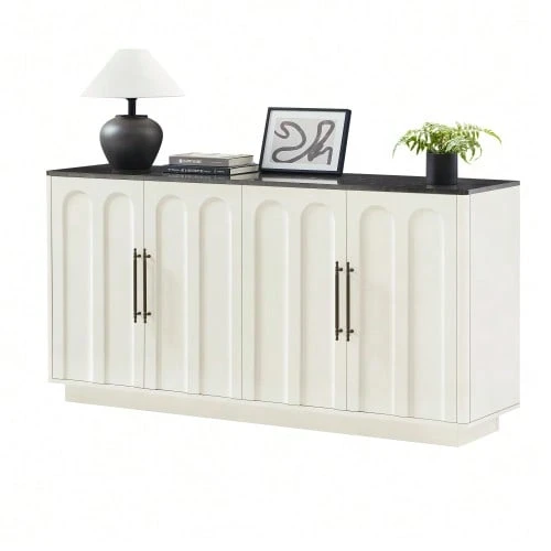 Arched Front Sideboard With 4 Doors, Soft-Close Hinges & Anti-Tip Device, 160cm Wide Storage Cabinet For Living Room & Dining Room, Wood Color - Black and White - View 1