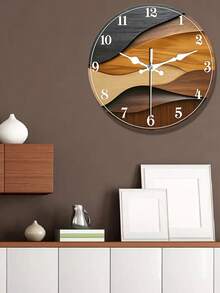 1pc 2D Wall Clock | Wooden Wave Pattern, Modern Minimalist Design, Suitable For Living Room, Bedroom, Office, Cafe, Restaurant Decor, Round Shape, Battery Not Included - A - View 1