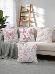 shangxia 4PCS- Bean Paste Pink Gentle Butterfly Branch & Leaf Print Pillowcase, Low Saturation Soft Pink Floral Leaf Heart Pattern Cushion Cover, Living Room French Cream Soft Decor Pillow- (Pillow Insert Not Included) - (Printed) - (No Embroidery) - Multicolor - View 9