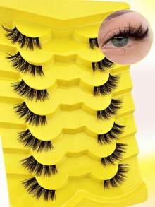 7 Pairs 12mm Clear Stem Half-Length False Eyelashes, 3/4 Outer Corner Cat Eye Style, Tail-Elongating Faux Mink Strip Lashes - Black - View 5