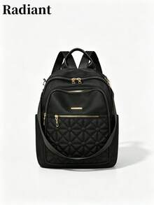 女款菱格紋絎縫尼龍後背包，可拆卸斜背帶，多拉鍊設計，防水包，適合日常通勤、旅行、四季使用（開學季後背包） - 黑色 - 查看 7