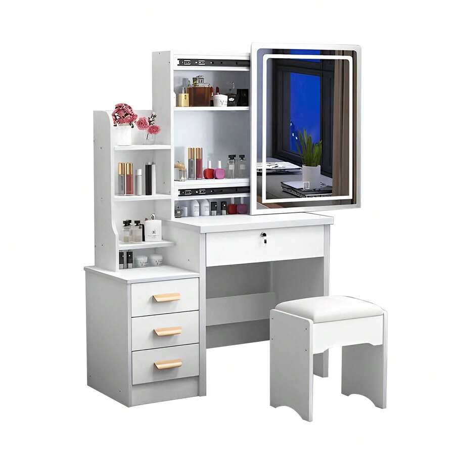 White Vanity Desk With LED Mirror & Stool - 3-Color Adjustable Lighting Makeup Table, Sliding Mirror Dressing Table With Storage Shelves & Drawers For Bedroom (Gift For Girls, Christmas/Birthday) - White - View 1
