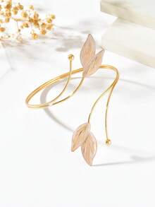 1pc Casual Minimalist Gold Leaf Oil-Drip Metal Arm Cuff, Niche Design Adjustable Open Cuff Bracelet Body Chain For Women, Party, Prom, Holiday, Gift For Best Friend - Meat Powder - View 5