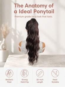 22 Inch Long Synthetic Wavy Ponytail Hair Extension For Women, Fashion Gradient Gold, Burgundy, Black, Brown, Heat-Resistant Material, Clip-In Ponytail For Party And Festival - Multicolor - View 7