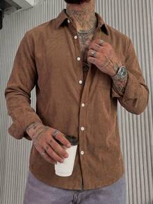 Men's Solid Color Long Sleeve Single-Breasted Utility Pocket Casual Shirt - Brown - View 4