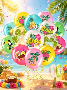 50個夏威夷 Aloha 12英吋乳膠氣球，火烈鳥與鳳梨造型，適合夏季海灘泳池嬰兒洗禮生日派對裝飾，附裝飾捲線 - 彩色 - 查看 2