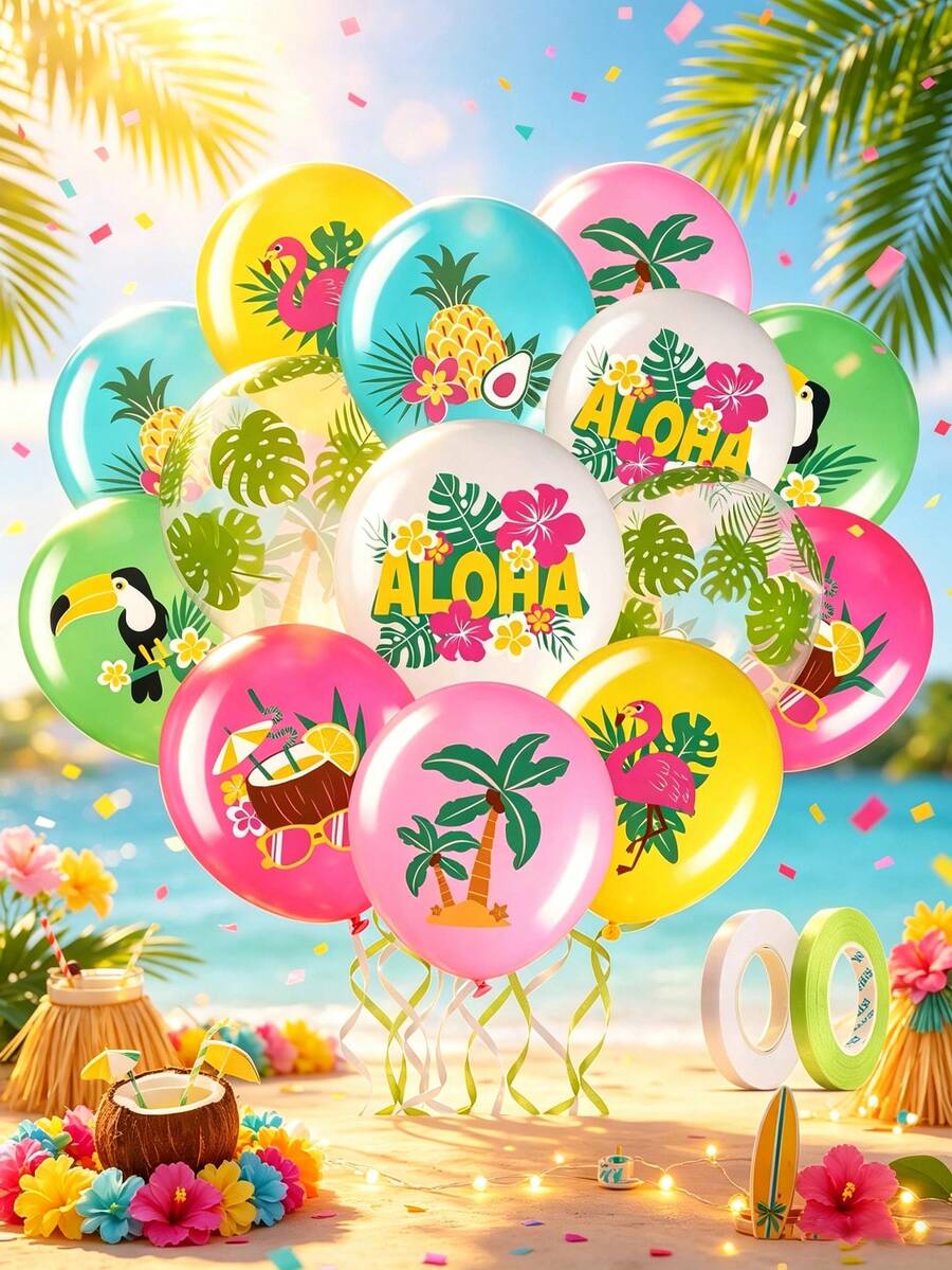 50個夏威夷 Aloha 12英吋乳膠氣球，火烈鳥與鳳梨造型，適合夏季海灘泳池嬰兒洗禮生日派對裝飾，附裝飾捲線