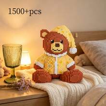 1500+Pcs Bear With Hat, 1000+Pcs Nine-Tailed Fox Micro Particle Animal Building Block Model Ornament, High Difficulty DIY Handmade 3D Mixed Color Puzzle, Unique DIY Romantic Souvenir, Ideal Gift Ornament For Lovers And Couples, Static Version, Without Light - 1500+ Yellow - View 9