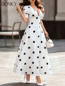 DONICY Damen Sommer Polka Dot Midi Kleid - Weißes V-Ausschnitt Puffärmel A-Linien Kleid, für Urlaub, Brunch & elegante Anlässe - Weiss - Übersicht 11
