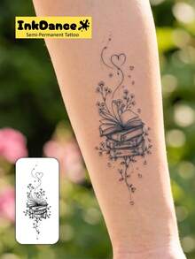 1 Set "Floral Books" New Technology Tattoo Stickers, Semi-Permanent, Literary, Fantasy, Vintage, Temporary Tattoo, Realistic Tattoo, Waterproof And Long-Lasting, Realistic Design, Plant-Based Formula, InkDance, Ink Dance, Gift X071 - Black - View 2