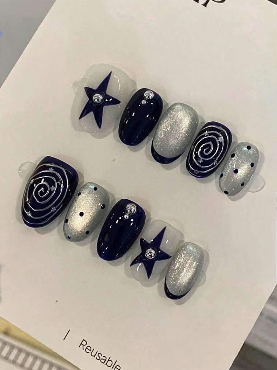 24片/組短橢圓深藍色貓眼水晶法式穿戴甲,附3D閃耀圓圈、珍珠與星星設計,全覆蓋壓克力假指甲,含1片果凍膠與1個指甲锉,適合女性與女孩日常工作與派對使用 - 彩色 - 查看 1
