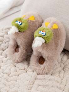 2026 Autumn/Winter Cute Cartoon Monster Plush Slippers For Girl, Warm Soft Sole Indoor/Outdoor Fuzzy Slippers With Girly Design - Khaki - View 5