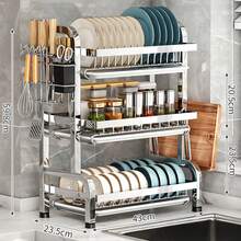 Escurridor de platos de acero inoxidable - Escurridor de platos de cocina de 2 niveles con bandeja de drenaje, soporte para tabla de cortar, soporte para utensilios - Escurridor de platos multifuncional a prueba de óxido adecuado para la encimera de la cocina del hogar - Ahorra espacio, fácil de limpiar y accesorio de cocina duradero - Plateado - Ver 4