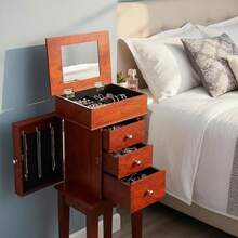 Standing Jewelry Chest 10.6" X 8.5" X 33.8" For Bedroom Dressing Room Living Room, Flip Top Mirror 3 Drawers, 4 Storage Compartments Zinc Alloy Handles 6 Necklace Hooks Wood Grain Finish 2 Side Doors-XY212648 - Multicolor - View 1