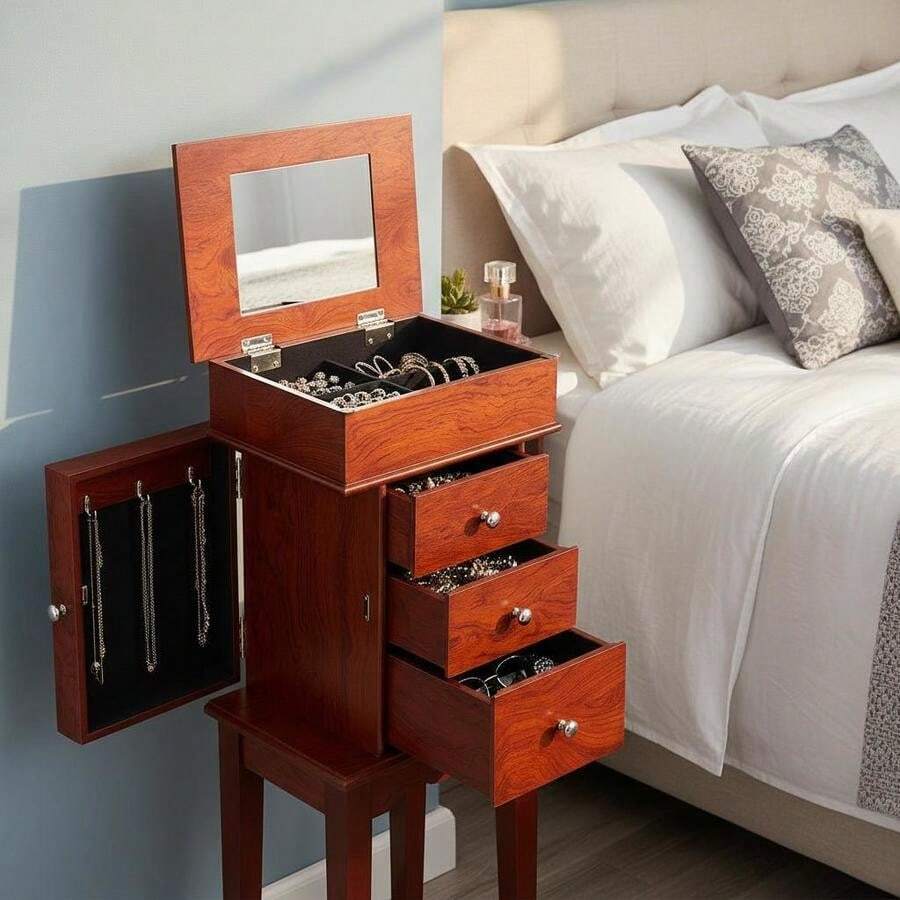Standing Jewelry Chest 10.6" X 8.5" X 33.8" For Bedroom Dressing Room Living Room, Flip Top Mirror 3 Drawers, 4 Storage Compartments Zinc Alloy Handles 6 Necklace Hooks Wood Grain Finish 2 Side Doors-XY212648 - Multicolor - View 1