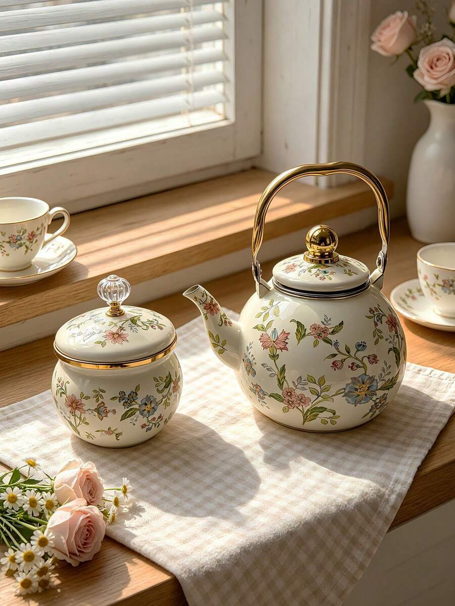 1个多功能搪瓷水壶，带过滤器，适用于多种饮品，复古花卉图案，防烫陶瓷手柄，金/银边装饰，超大容量，适合家庭厨房和户外使用，是理想的乔迁或结婚礼物，防锈易清洁搪瓷涂层。 - 查看 1