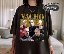 Black Collage T-Shirt With Nacho Varga Portraits, Gradient Metallic Gold Letters On A Warm Yellow Background, Short Sleeves, Round Neck, Unisex, Vintage 90s Style - Black - View 8