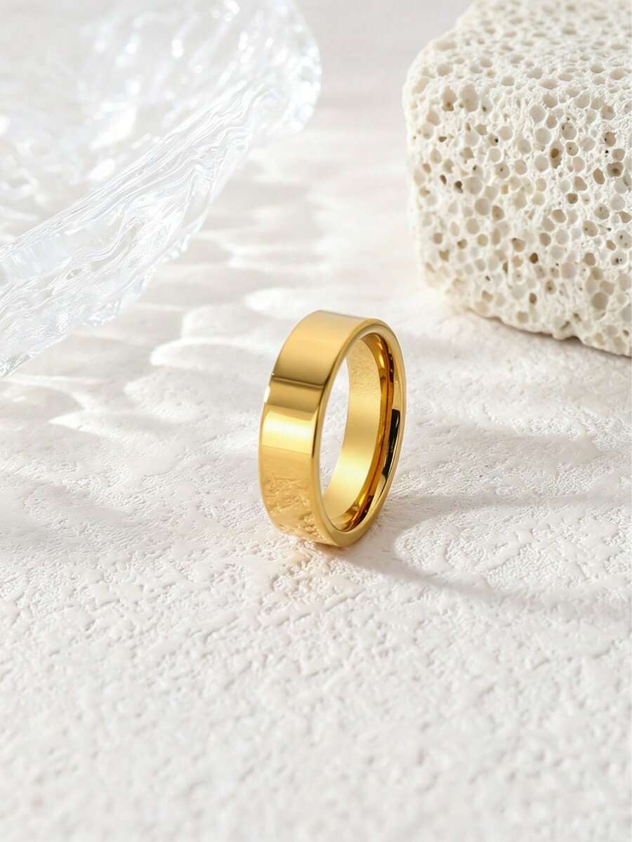 1pc Stainless Steel 18K Gold Plated Fashion Personalized Inner Round Outer Flat Smooth Ring, Unisex Versatile Style - Gold - View 1