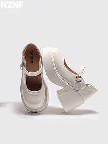 NZNF Women's Solid Color Academy Style PU Shoes With Buckle Strap, Thick Sole And Chunky Heel, Daily Commute Shoes - White - View 4