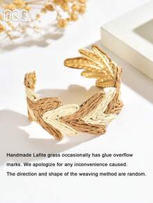 OOQ 1pc Summer Vacation Style Geometric Oval Colorblock Raffia Open Cuff Bracelet, Adjustable Size, Versatile Fashionable Elegant Women's Bangle, Suitable For Beach Vacation And Any Holiday Gift - Mixed Coffee - View 5