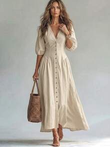 Solid Beige Full Front Button Decor Deep V-Neck Puff 3/4 Sleeve Shirt Dress, Suitable For Beach Vacation, Summer Holiday Party, Autumn, Bohemian Style - Apricot - View 5