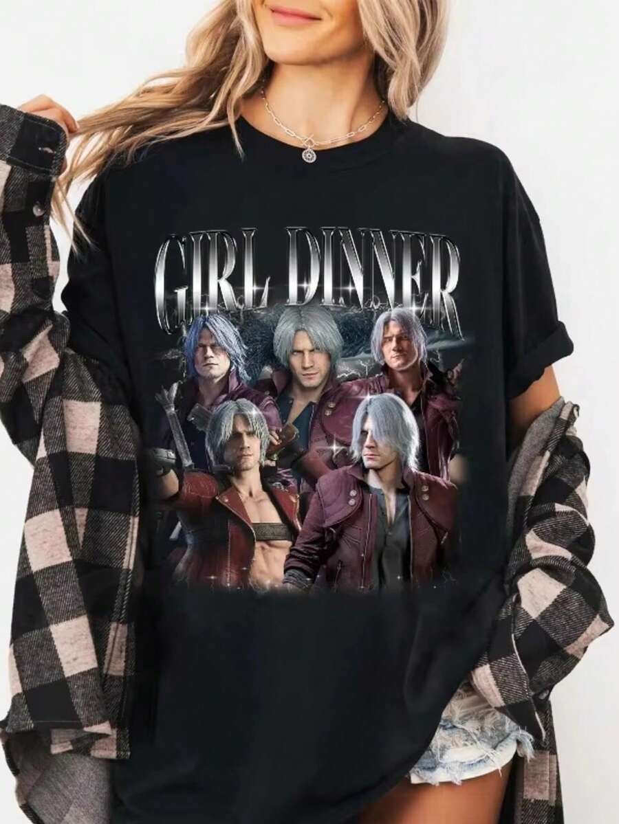 Daily Game Male Character Five Shot Leather Outfit Metallic Letter Group Print Crew Neck T-Shirts Premium Light Fabric Short Sleeve Y2K Oversized - Black - View 1
