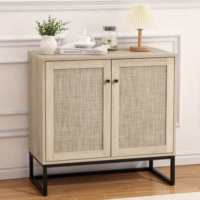 Modern Accent Rattan Storage Cabinets Set Of 2 – Multi-Functional Sideboard Buffet Console Tables – Spacious Cupboards For Entryway, Living Room, Kitchen, Or Dining Room – Light Oak And Black