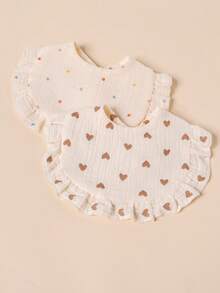2pcs Baby Gauze Triangle Bibs, Colorful Polka Dot & Heart Print Ruffle Edge Drool Bibs, Soft Absorbent Anti-Spit-Up Bibs For Newborns - Multicolor - View 3