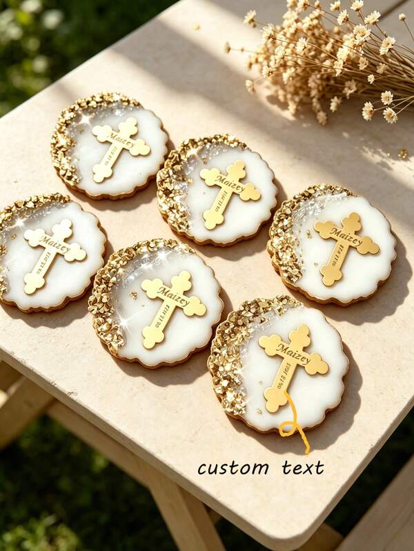 Custom Golden Cross Epoxy Tags,Golden Cross Keepsake Gifts For Baptism, Christening, First Communion, Confirmation, Birthday, Hajj & Mother's Day Party Guests,Personalized Custom Text Religious Souvenir Tags