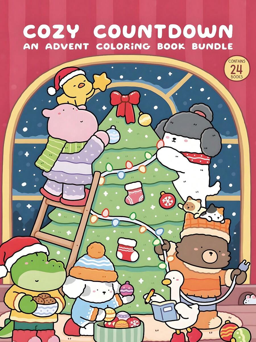 GDTME Warm Advent Countdown Coloring Book Set, 24 Cute Winter Animal Coloring Books, Includes Christmas Tree Scenes, Cozy Holiday Line Art, Perfect Stress-Relief Gift For Families And Children - YH-294 (A4, 24 Pages, Warm Countdown) - View 1