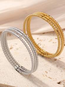 3 piezas de pulseras chapadas en oro de 18K con cuentas, diseño de cuentas redondas de 3mm de ancho, acero inoxidable 304 hipoalergénico que no se desvanece, brazaletes versátiles de estilo Ins para mujeres - gs3 - Ver 7