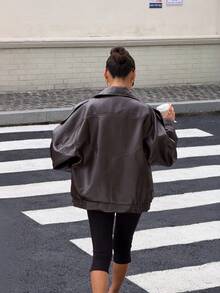DEEKA 春/秋新款女款寬鬆大尺寸歐美風時尚極簡百搭人造皮革夾克，隨性風格 - 棕色2 - 查看 5