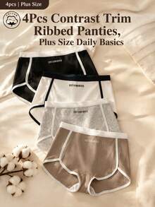 4 Stücke Damen-Boxershorts in Große Größen aus Baumwolle mit Rippstrick, kontrastierendem Saum und Buchstabenprint, mittlere Taille, einfarbige Basic-Unterwäsche für den Alltag - Verschiedenfarbig - Übersicht 1